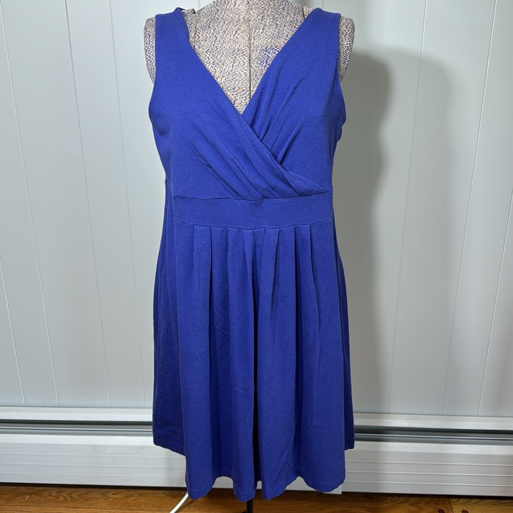 Lands’ End Womens Large Blue Sleeveless Dress Waist Defined Stretchy V-Neck